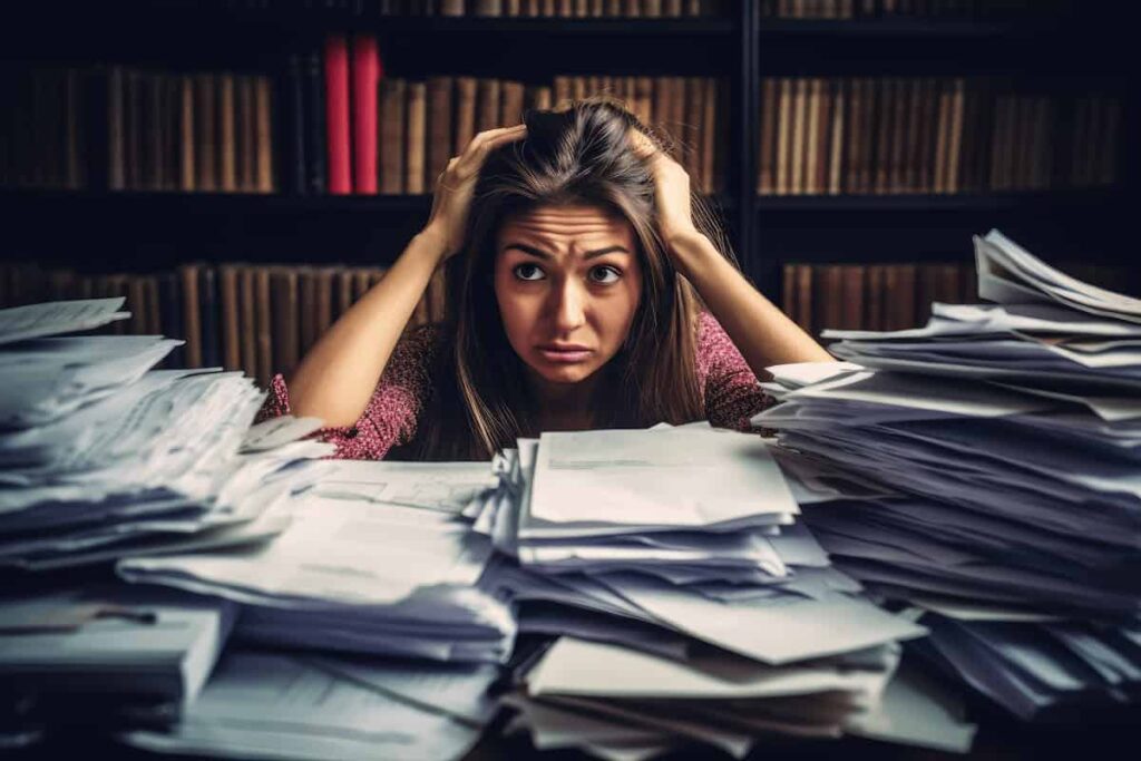 stressed & overwhelmed woman at desk